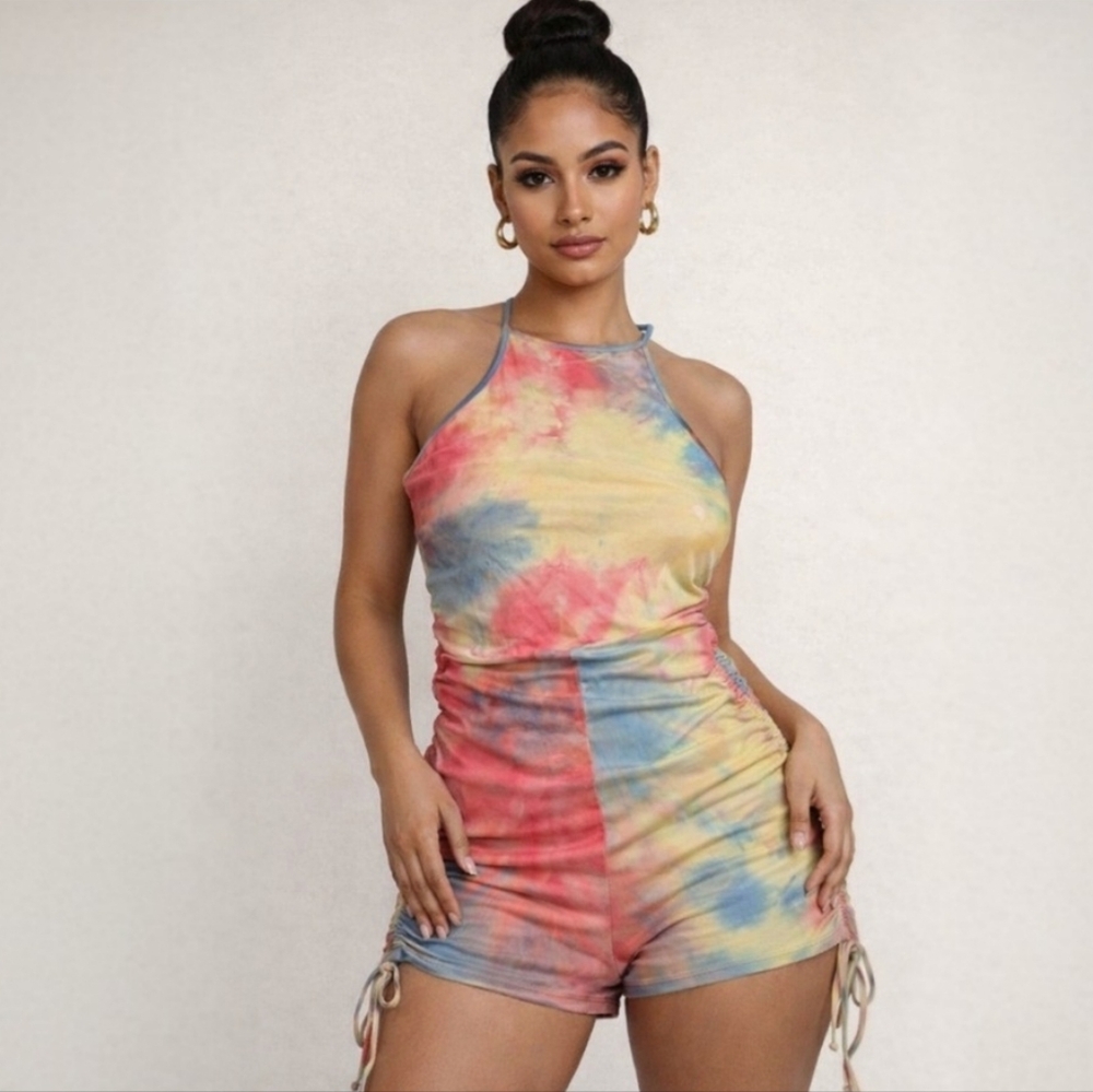 Roma Concept Multicolored Tie-Dye Romper Cinched Sides Halter Neck Size XL NWT